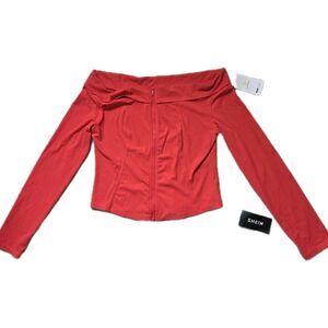 NWT Shein Glowmode Off Shoulder Zip Front Active Jacket Womens XXL Red Ribbed